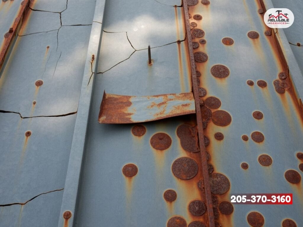 Tin roof leak repair by Reliable Services Roofing