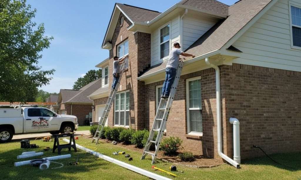 Professional contractors installing seamless gutters on a residential home in Birmingham, AL, using a secured ladder and fastening gutter hangers in bright daylight.