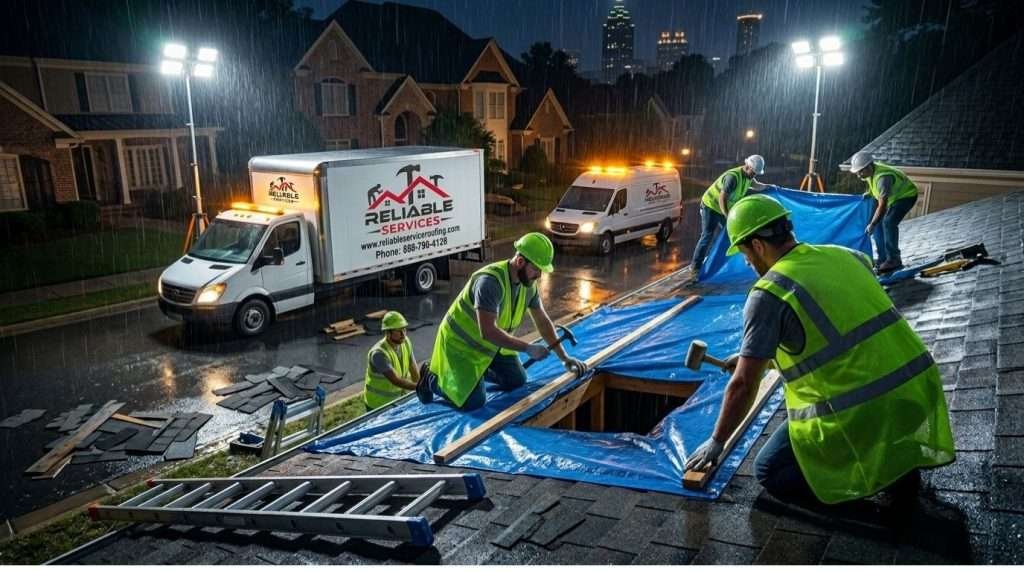 24_7 roof tarping emergency services at night in Buckhead Atlanta GA – Reliable Services crew quickly securing tarps to stop leaks after severe storm damage