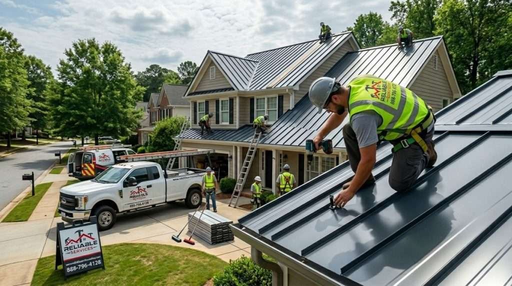 A large team of roofing professionals installing a dark gray metal roof on a suburban home. One worker in the foreground uses a power drill to secure a panel, while others are spread across the roof and ground. The image shows the full scale of the project, including company trucks, ladders, and stacks of metal roofing materials.