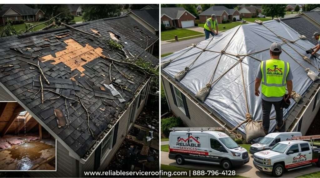 Before and after emergency roof tarping in Knoxville TN — protecting a storm-damaged home from further water intrusion
