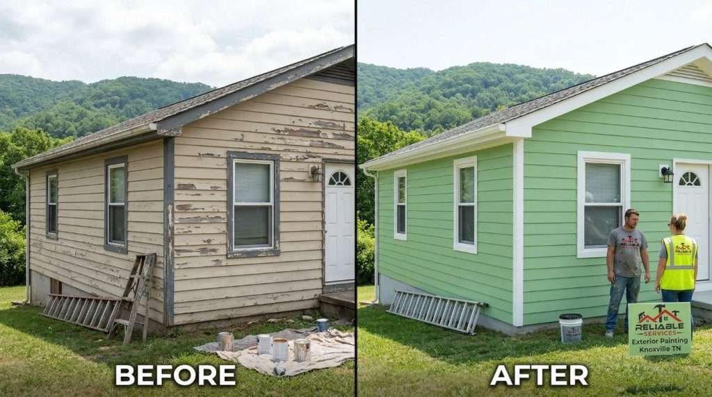 Before and after exterior painting Knoxville TN – Dramatic curb appeal transformation by Reliable Services