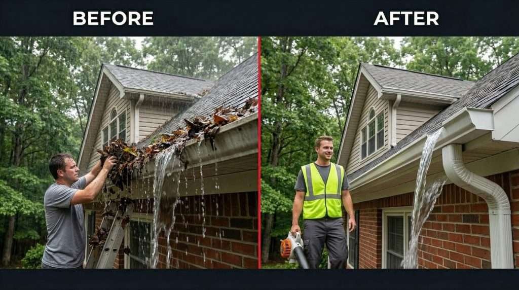 Before and after gutter cleaning Knoxville TN – Dramatic results by Reliable Services