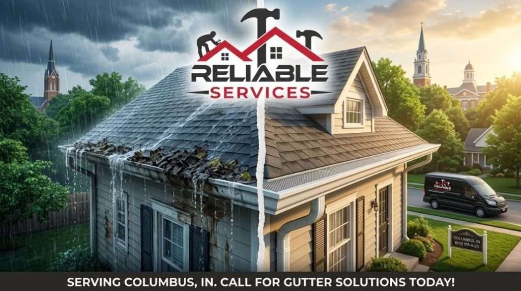 Before and after gutter cleaning & installation on home in Columbus IN by Reliable Services