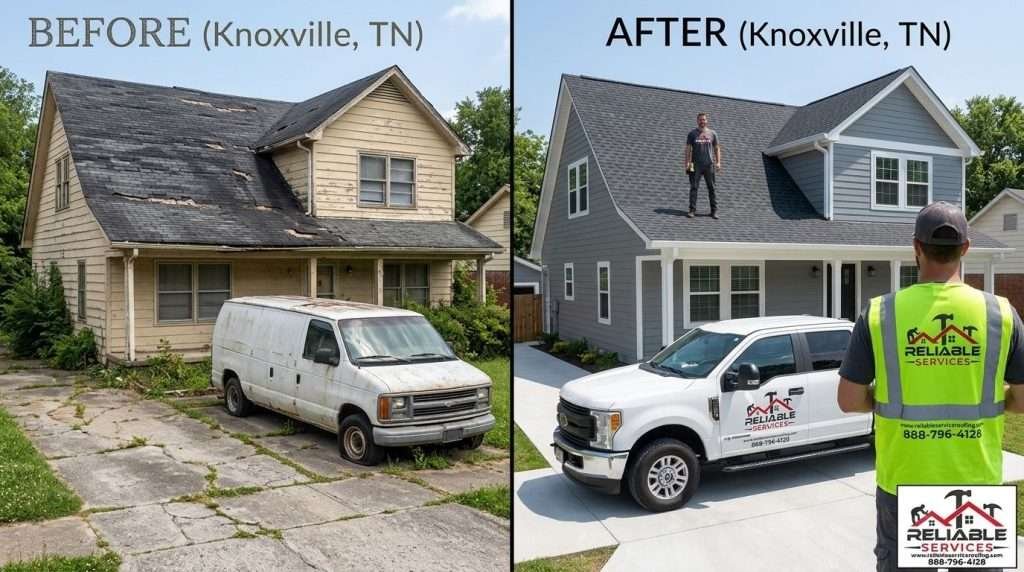 Before and after home remodeling Knoxville TN showing exterior transformation including roofing, painting, gutters and concrete work