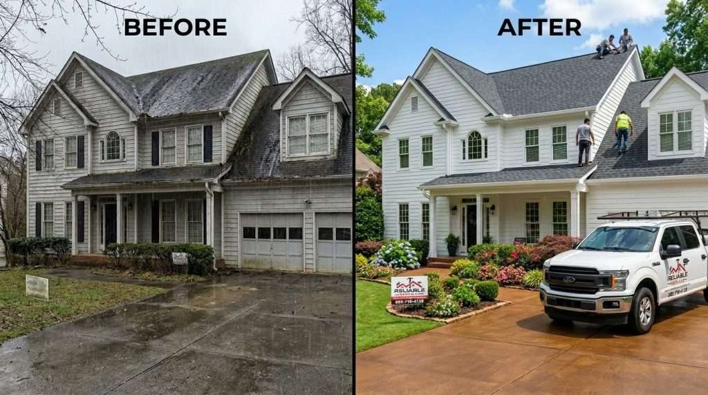 Before and after home remodeling in Atlanta GA – faded old exterior transformed into modern fresh look with new roofing, siding, gutters and driveway by Reliable Services
