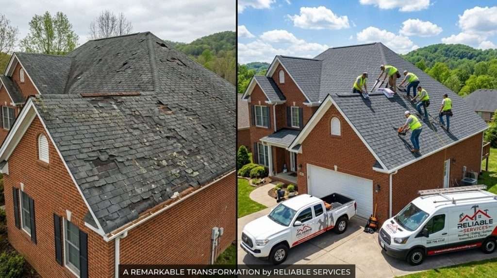 Before and after new roof installation Knoxville TN – old damaged shingles replaced with fresh architectural roof for better protection and curb appeal
