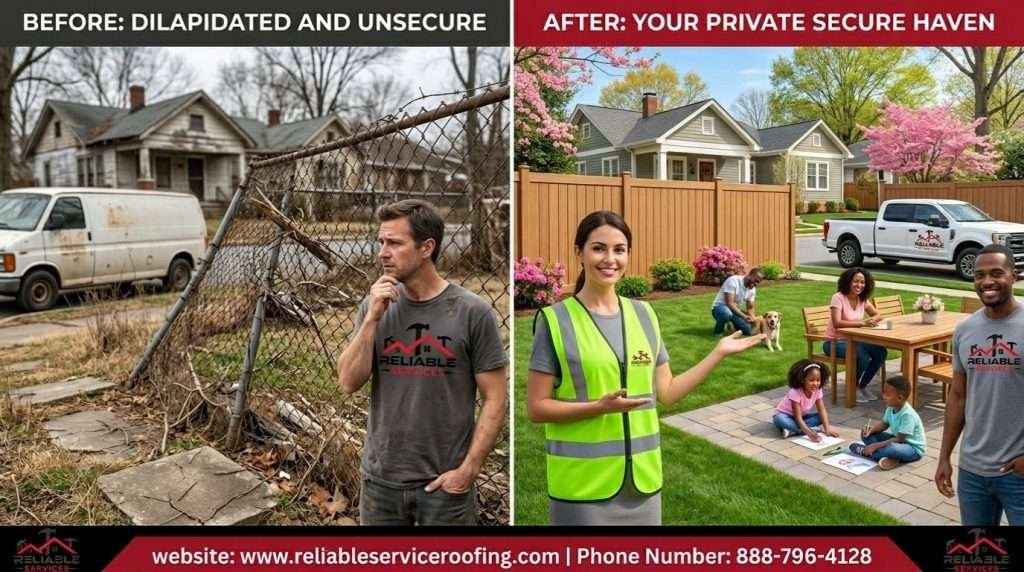 Before-and-after privacy fence replacement in Virginia-Highland Atlanta GA – Reliable Services turned a damaged old fence into a beautiful, secure backyard oasis built for local climate