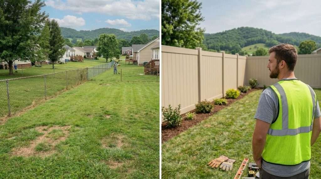 Before and after private fencing Knoxville TN – Dramatic privacy transformation by Reliable Services