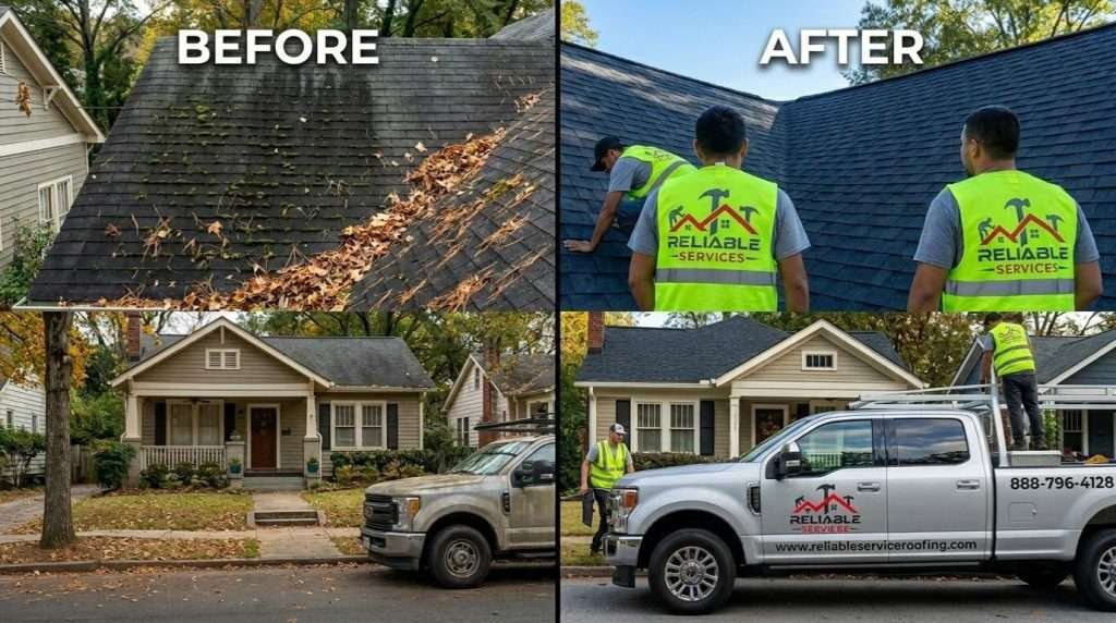 Before and after roof cleaning in Atlanta GA – left_ algae-covered dirty roof on Virginia-Highland home, right_ clean restored shingles after Reliable Services professional roof maintenance
