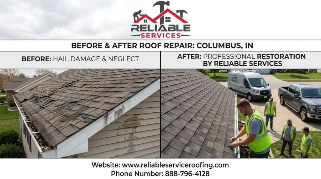 Before and after roof repair Columbus IN – damaged shingles fixed by Reliable Services in Columbus Indiana