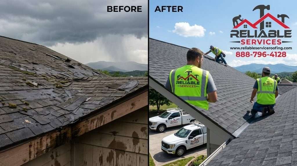 Before and after roof repair Knoxville TN – damaged shingles fixed by Reliable Services in Knoxville Tennessee