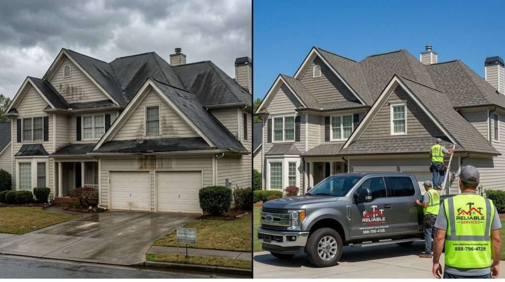 Before and after roof replacement in Sandy Springs Atlanta – old damaged shingles replaced with new durable architectural roofing by Reliable Services
