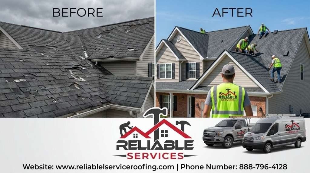 Before and after roof replacement on a Knoxville TN suburban home – old damaged shingles vs new premium architectural roof