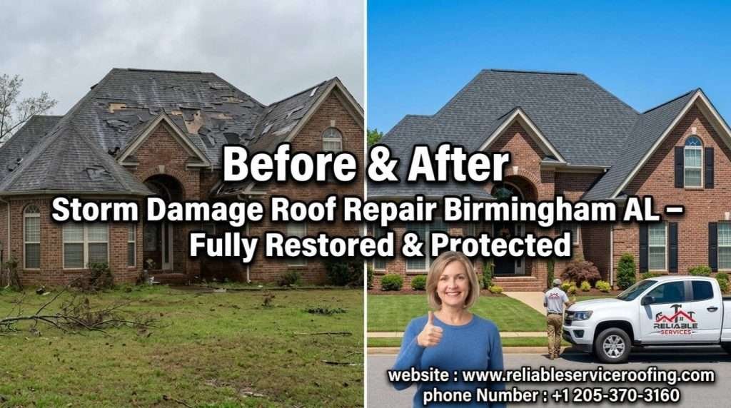 Before and after storm damage roof repair Birmingham AL – Damaged roof fully restored by Reliable Services Roofing in Birmingham Alabama with new shingles and happy homeowner