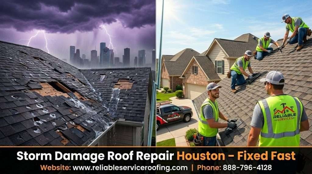 Before and after storm damage roof repair Houston by Reliable Services – professional roofing restoration after hail and wind damage in Houston TX