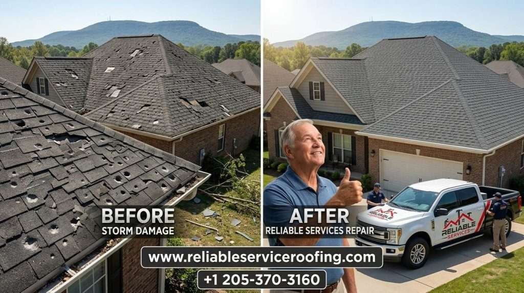 Before and after storm damage roof repair Huntsville Alabama by Reliable Services showing hail damage fixed with new roof