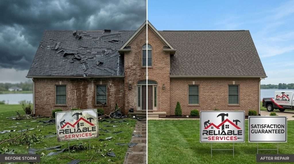 Before and after storm damage roof repair in Columbus IN