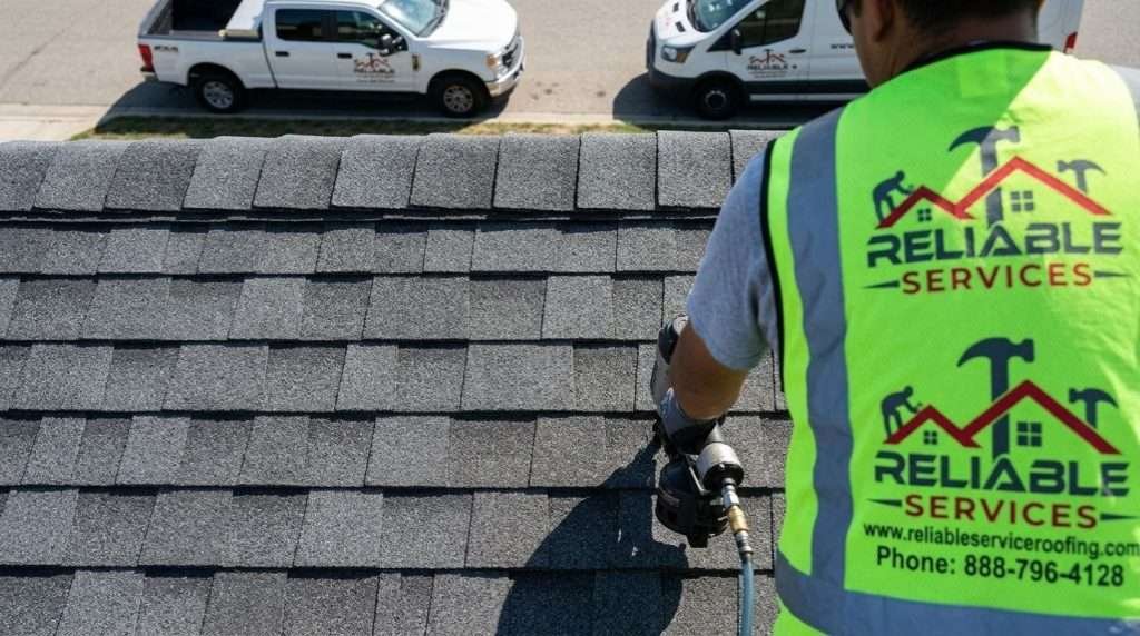 Close-up of architectural shingle installation showing texture and alignment on an Atlanta home
