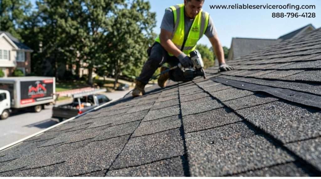 Close-up of new architectural shingles installed in Sandy Springs Atlanta GA – high-quality dimensional roofing material chosen by Reliable Services for Atlanta homes