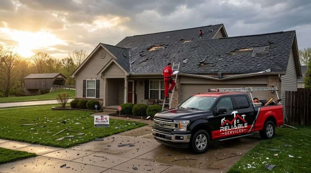 Columbus IN home needing urgent storm roof repair near Mill Race Park