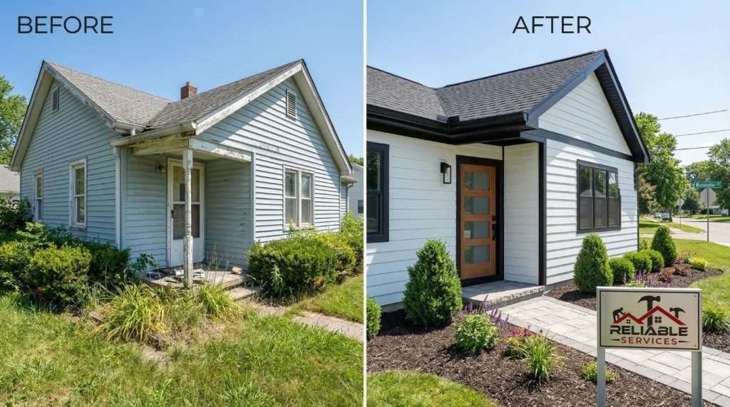 Complete home exterior remodeling Columbus IN - before & after by Reliable Services