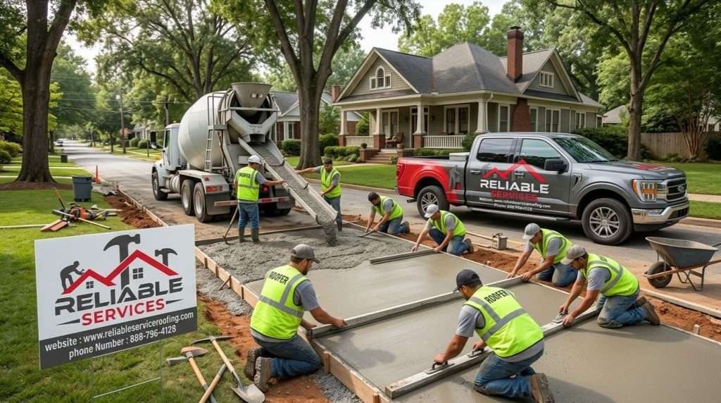 Concrete driveway project in Decatur Atlanta with workers pouring and leveling fresh concrete