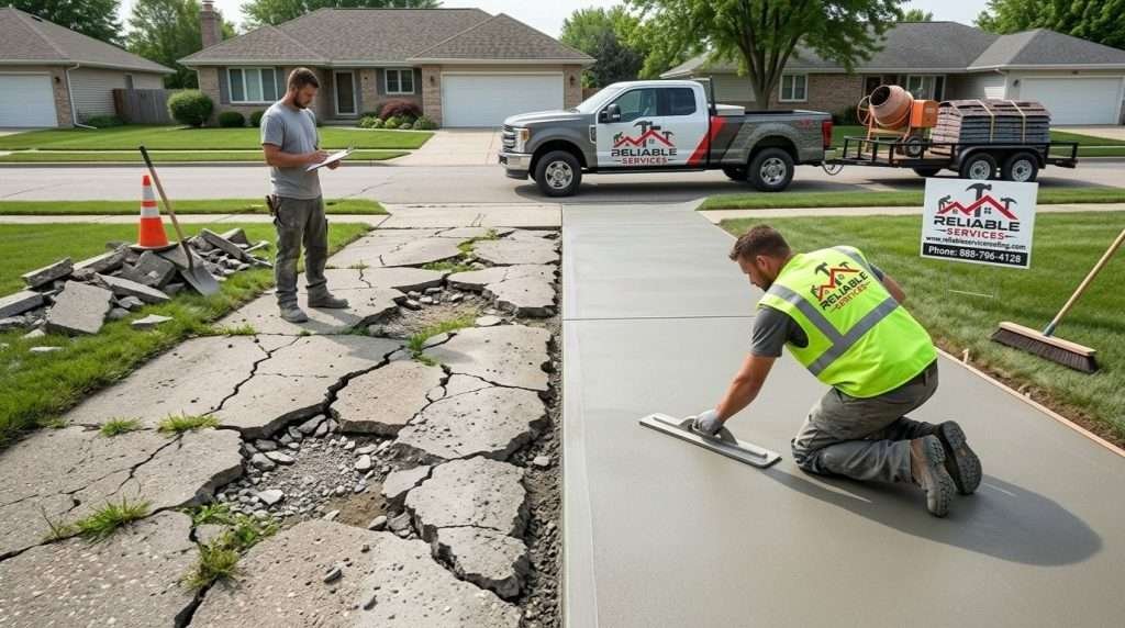 Concrete repair in Atlanta showing cracked driveway before and after professional restoration