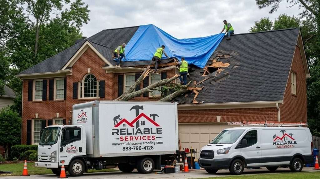 Emergency roof tarping services in Atlanta GA by Reliable Services to prevent water damage after a storm