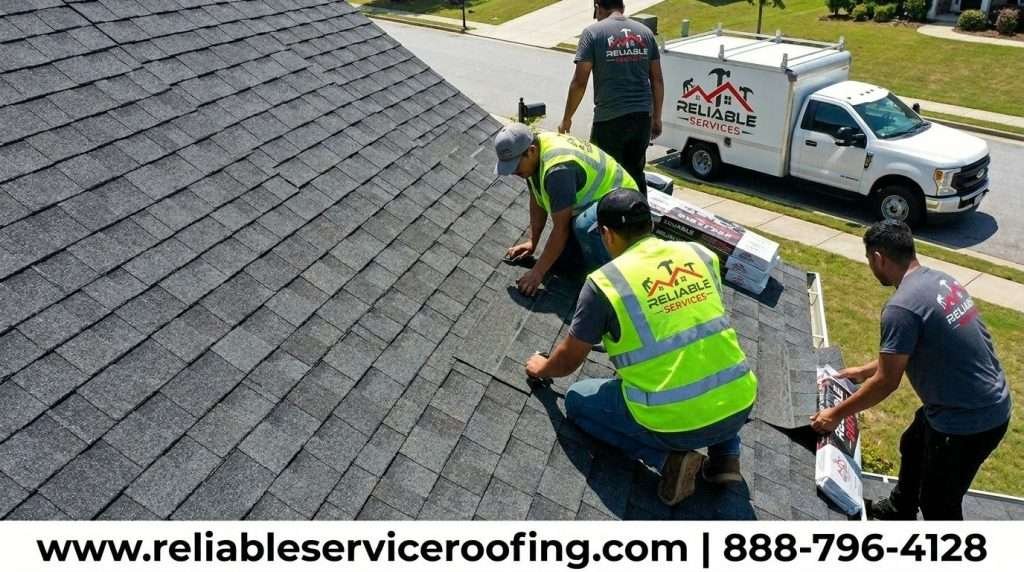Four roofing professionals from Reliable Services working on a steep residential roof. They are installing dark gray asphalt shingles. One worker is laying down a new shingle while others handle bundles of roofing material. A white company box truck is pa