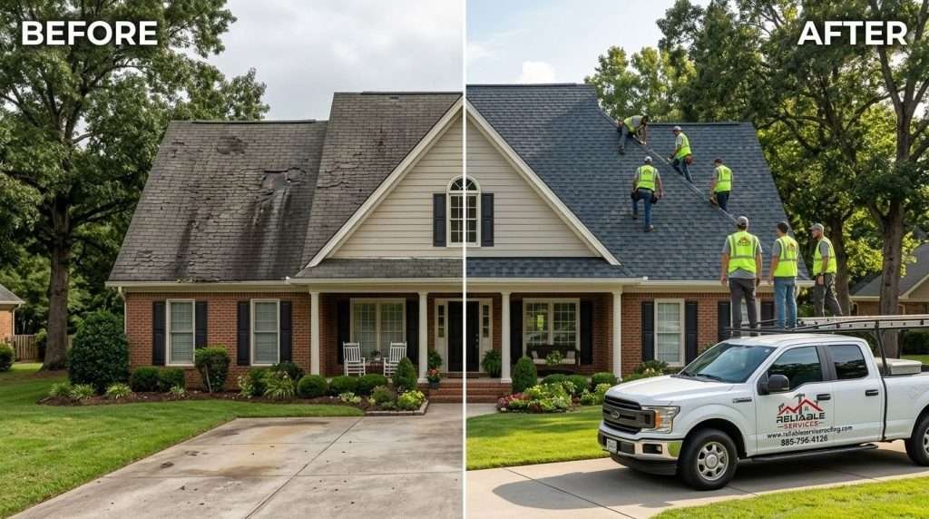 Farragut TN home transformation – before damaged roof vs after new roof installation Knoxville TN area with impact-resistant shingles