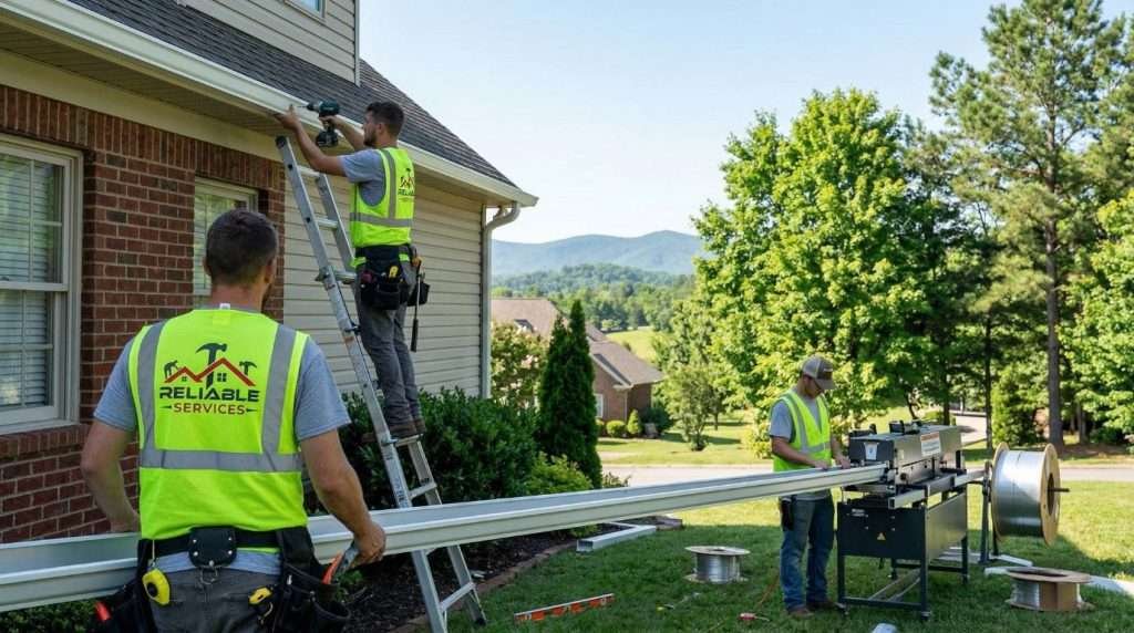 Gutter installation Knoxville TN – Seamless gutter system being professionally installed by Reliable Services