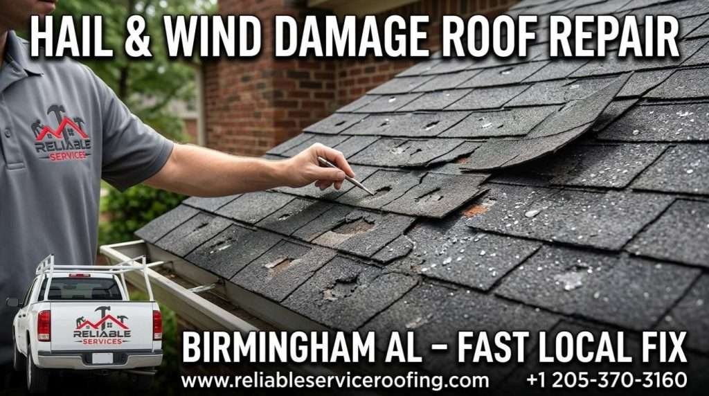 Hail and wind damage on asphalt shingle roof in Birmingham AL – Close-up view before professional storm damage roof repair Birmingham AL by Reliable Services Roofing