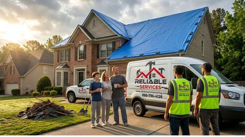 Home protected with emergency roof tarping in Sandy Springs Atlanta GA by Reliable Services – secure tarp installed overnight, family safe after storm damage