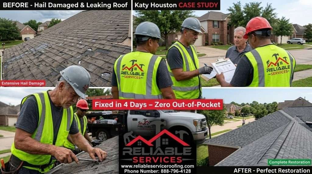 Before and after storm damage roof repair Houston by Reliable Services – professional roofing restoration after hail and wind damage in Houston TX