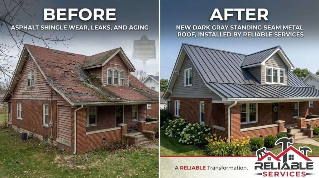 Metal roofing Columbus IN before & after – old shingles to premium metal roof transformation