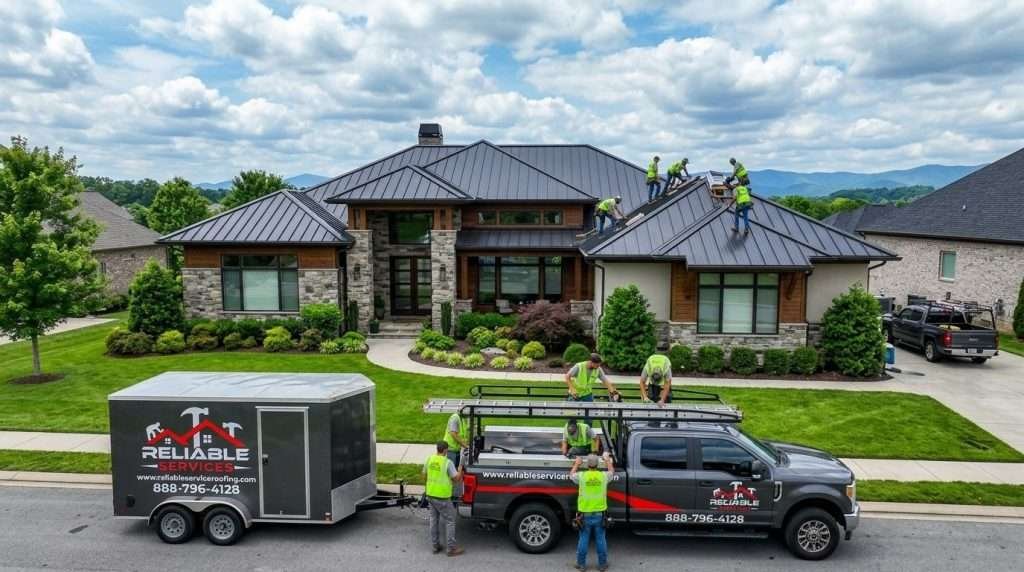 Modern Knoxville TN home with durable standing seam metal roofing installed by Reliable Services, showcasing long-lasting protection against East Tennessee weather