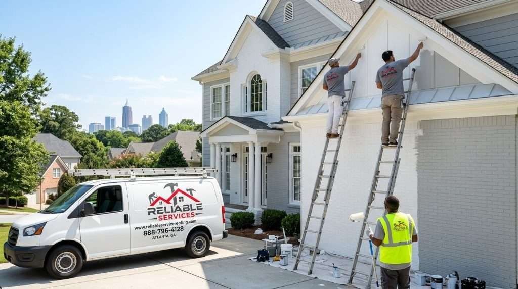 Professional exterior painting Atlanta GA – Reliable Services team transforming a Buckhead home with fresh exterior paint for stunning curb appeal