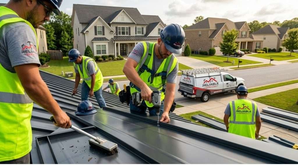 Professional metal roofing installation crew at work in Sandy Springs Atlanta GA – Reliable Services installing standing seam panels for superior weather protection