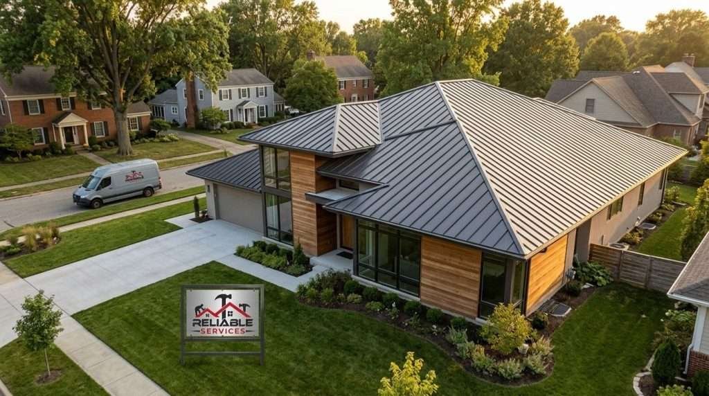 Professional metal roofing installation on modern home in Columbus IN by Reliable Services