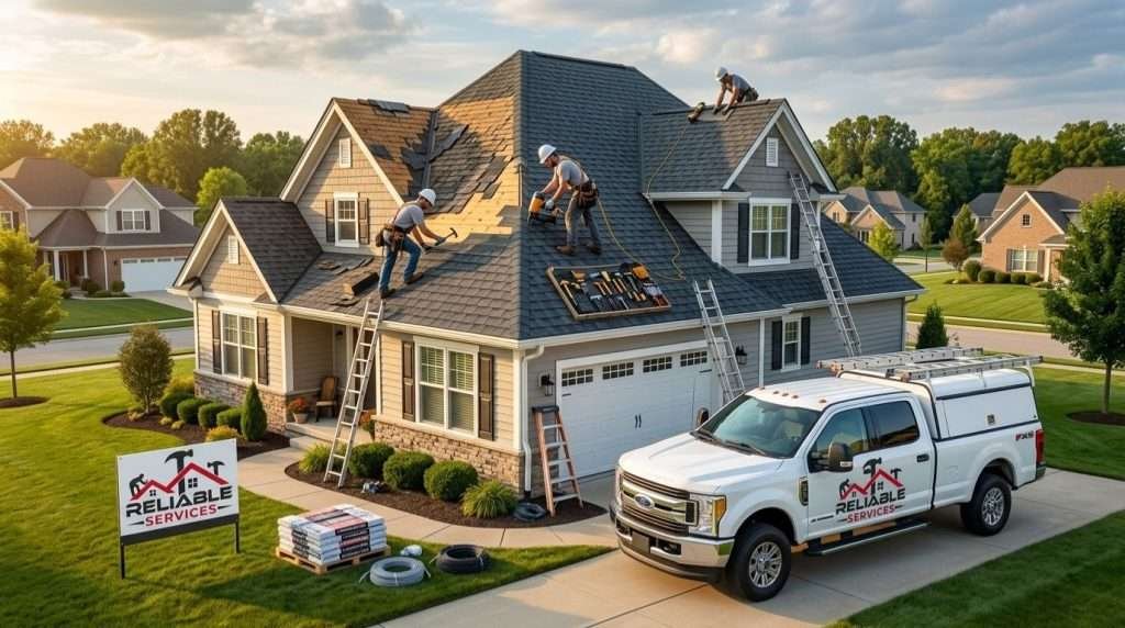 Professional roof replacement Columbus IN by Reliable Services – new shingles transforming a local home near Donner Park