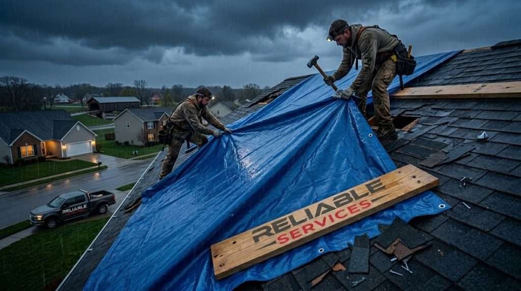 Professional roof tarping emergency services Columbus IN by Reliable Services during storm.