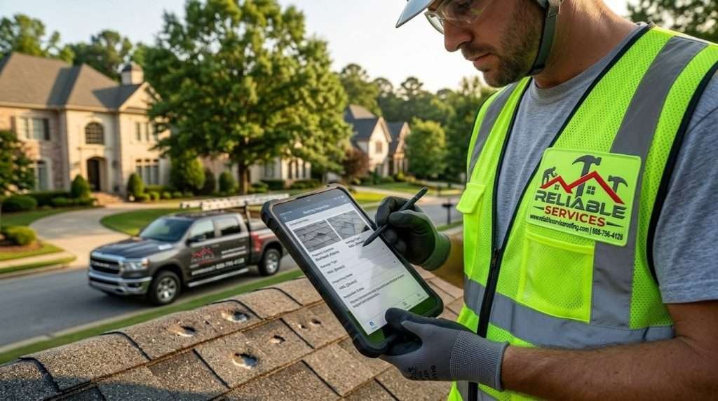 Professional roofer performing a storm damage roof inspection in Atlanta, GA, using digital tools for accurate reporting