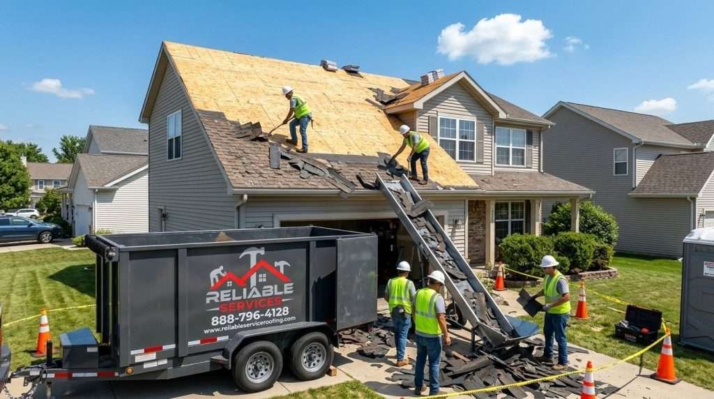 Reliable Services crew performing a complete tear-off of old shingles during a roof replacement project in Atlanta.