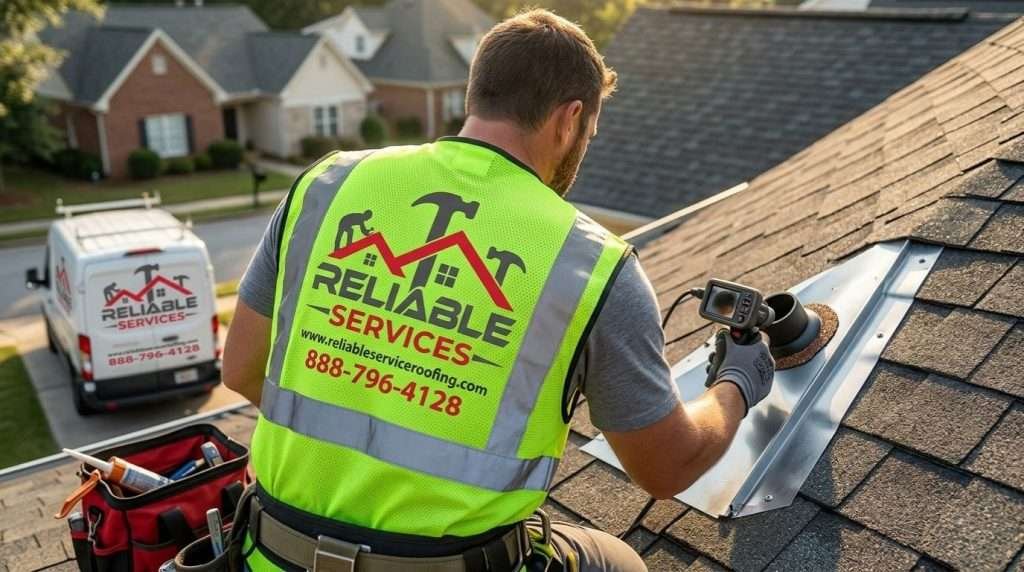 Reliable Services roofer performing detailed roof inspection in Midtown Atlanta GA – checking flashing, vents, and seals during professional roof maintenance service