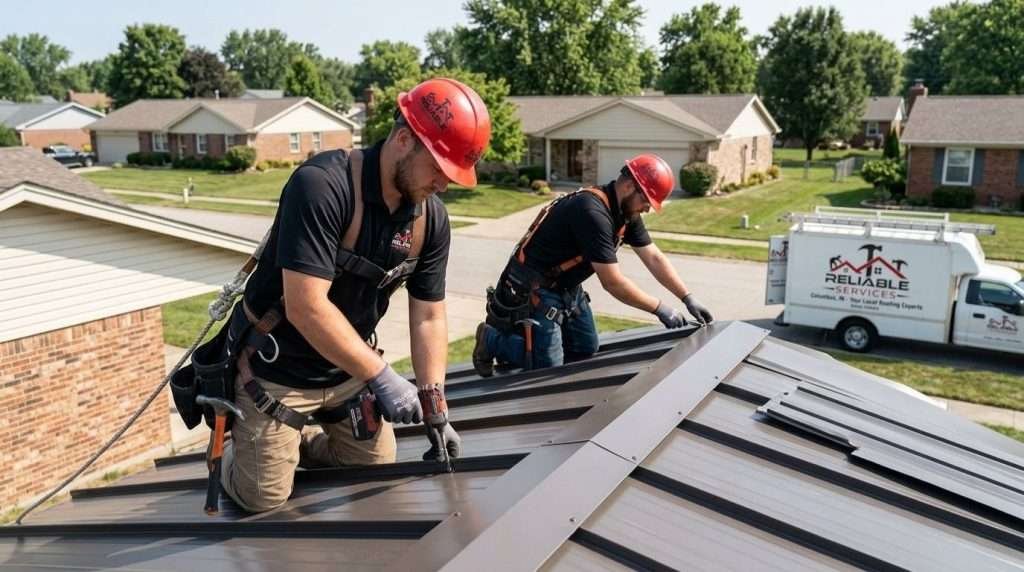 Reliable Services roofing team installing metal roofing in Columbus IN with expert craftsmanship