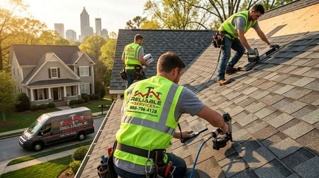 Reliable Services roofing team installing new durable roof on Atlanta GA home – licensed, insured local experts you can trust