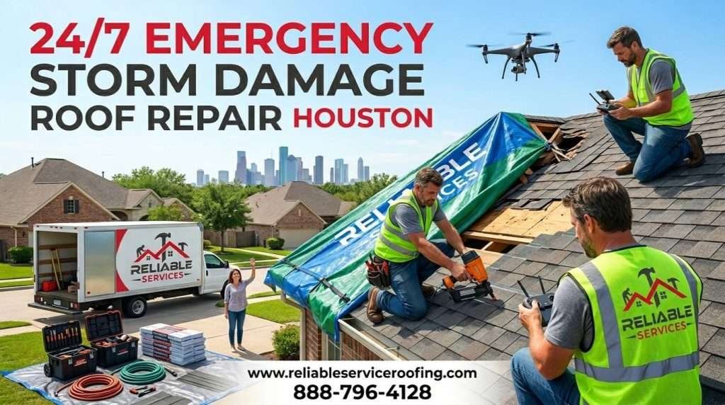 Reliable Services team performing residential roof storm damage repair Houston with full insurance claim help and emergency tarping