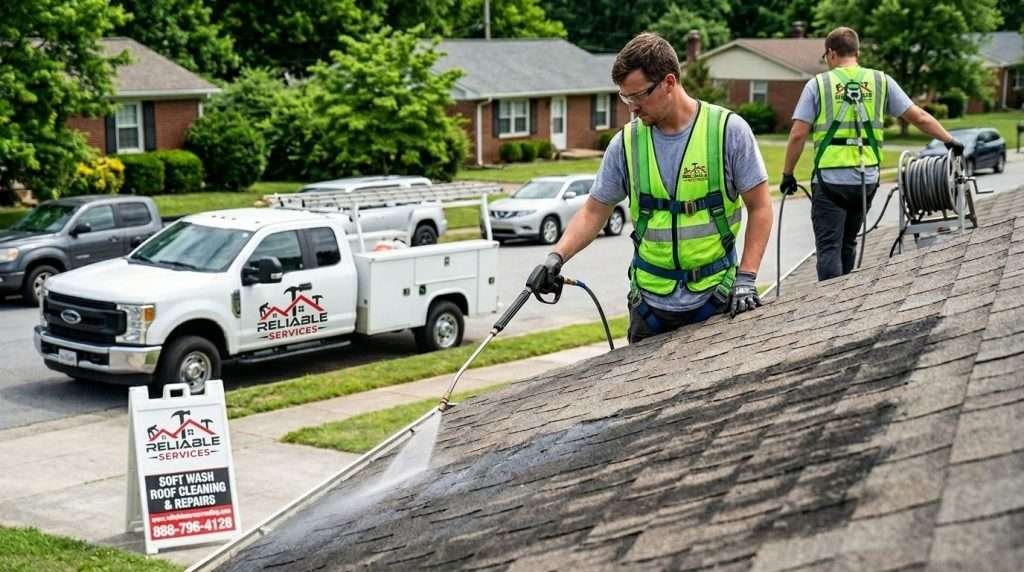 Roof cleaning Knoxville TN showing algae removal during professional roof maintenance