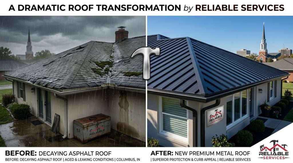 Roof replacement Columbus IN before and after – from damaged shingles to durable new roof in Tipton Lakes